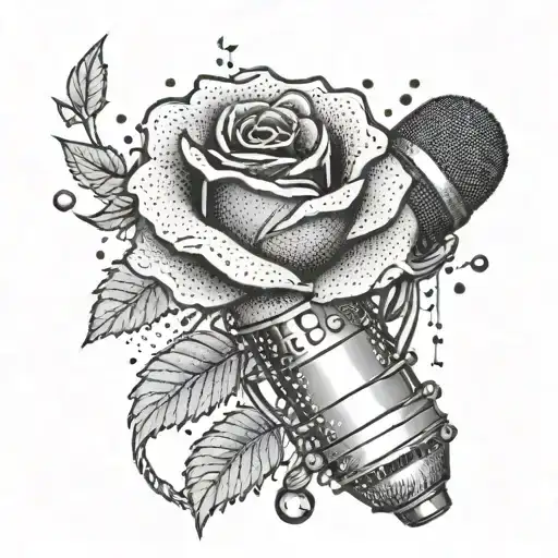 A dotwork tattoo of a rose blooming into a microphone, representing your passion for singing tattoo design idea