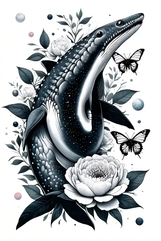 whale shark, solar system, peonies, bee, butterfly, piston tattoo design idea