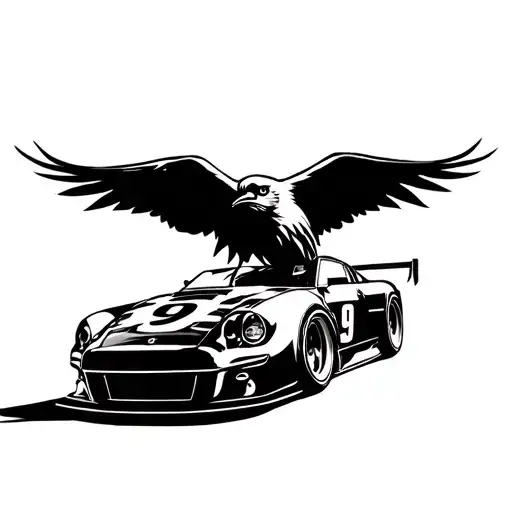 raven with the number 9 abd fast and furious car racing tattoo design idea