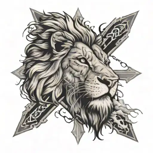 solid black cross with clouds and lightning in the background with a lion head looking up towards the cross tattoo design idea
