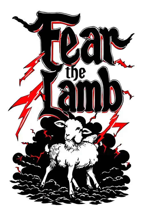 Fear the lamb text with red writing and clouds and thunder and lightning signify god wrath no picture of the lamb tattoo design idea