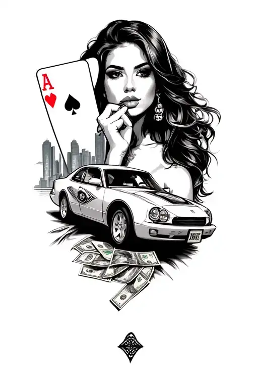 playing cards, cars,money, weapons and girl with Miami skyline  tattoo design idea