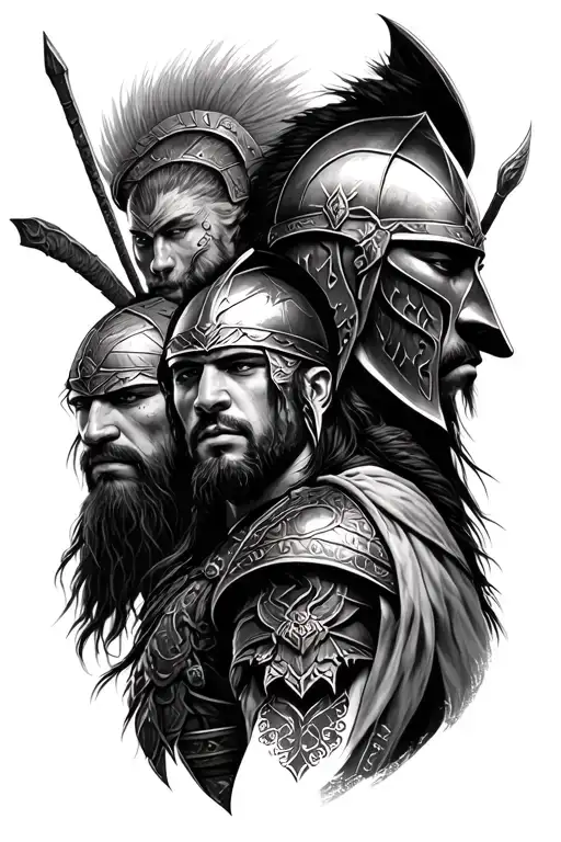 3 warrior styles, each warrior separately: Viking, Spartan, Samurai tattoo design idea