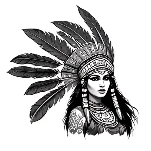 forward facing portrait of azteca women with Aztec calendar and tall feathers on headdress  tattoo design idea