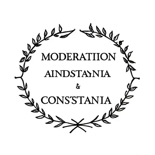 A laurel crown that surrounds the words moderation and constantia, one under another, in Roman capitals tattoo design idea