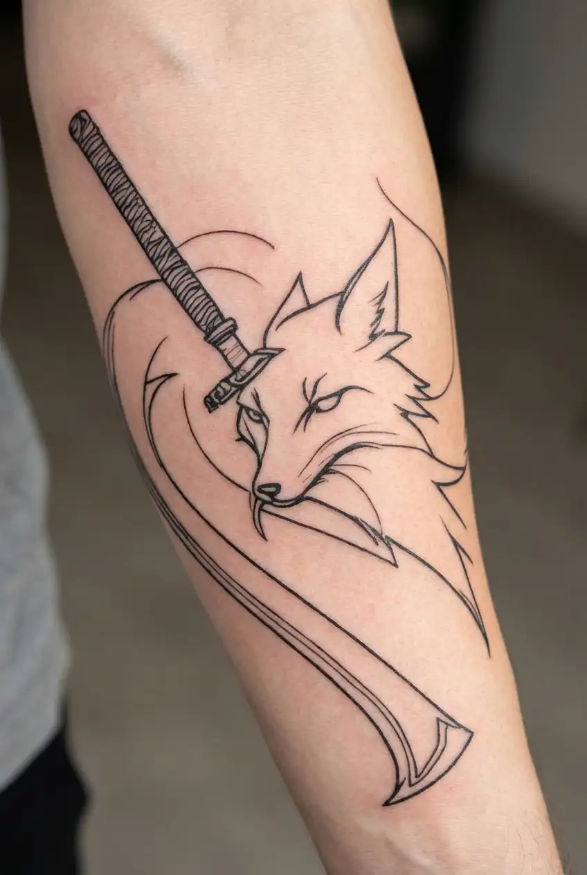 A katana being circumvented by a fox tattoo design idea