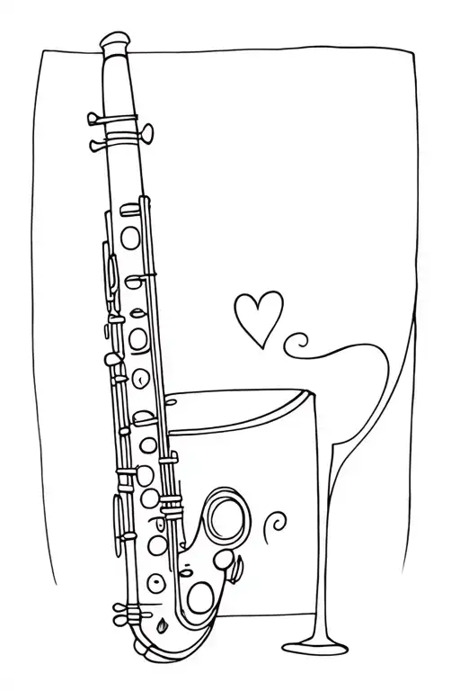 a stylized clarinet inside a painting with a little heart on the side tattoo design idea