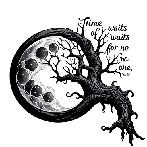 moon cancerian hour glass tree of life quote time waits for no one tattoo design idea