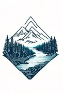 microchip circuit infused with forest with river flowing and  mountain in background  tattoo design idea