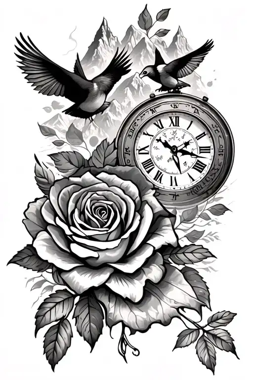 forearm tattoo, rose, 2 rigged mountain peaks,roman numeral clock face displaying the time,a vintage compass,black birds tattoo design idea