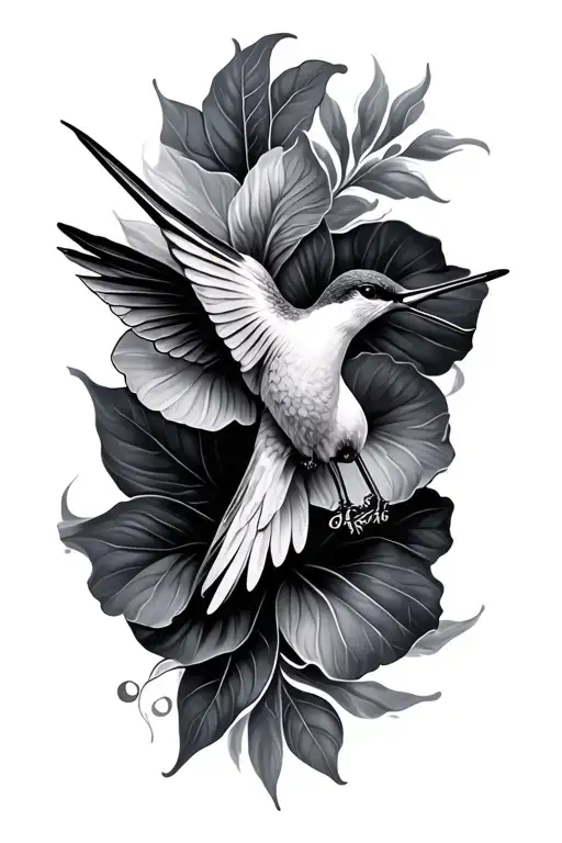 humming bird hibiscus smoke fine line tattoo design idea