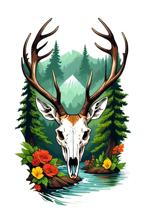 forest scene, river flowing deer skull with antlers tattoo design idea