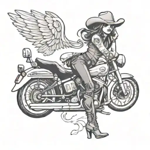 pretty little outlaw skull cowgirlriding a harley davidson motorcycle tattoo design idea