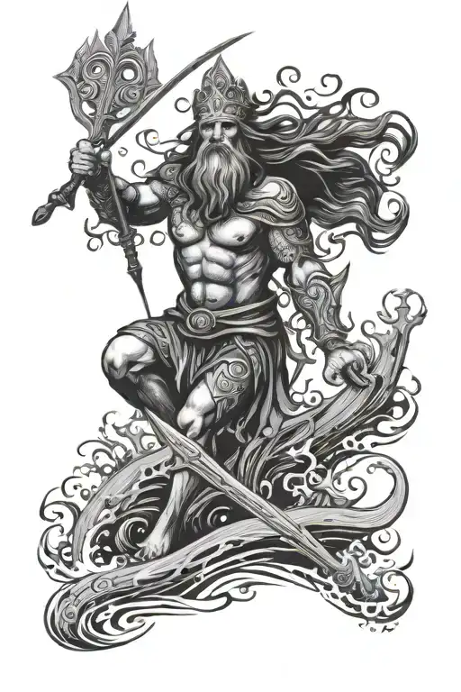 posiedon emerging from the ocean with trident tattoo design idea