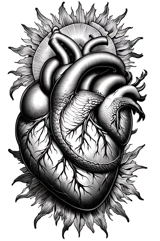 heart anatomic, sun, snake intertwined tattoo design idea