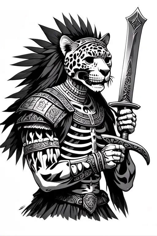 realistic human skeleton jaguar warrior aztec wielding his sword tattoo design idea
