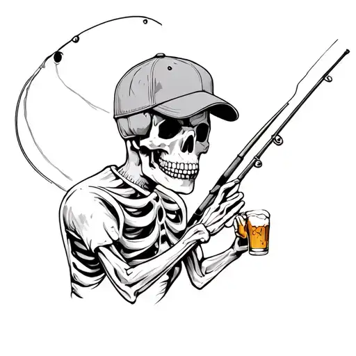 skeleton holding a fishing rod and and beer in wearing ball cap  tattoo design idea