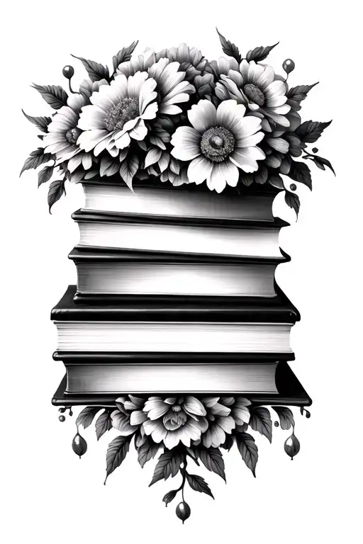 a stack of closed books with flowers being the focal piece growing through and around the books down the sides tattoo design idea