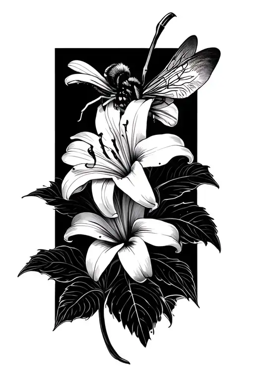 lily flower and bee tattoo design idea