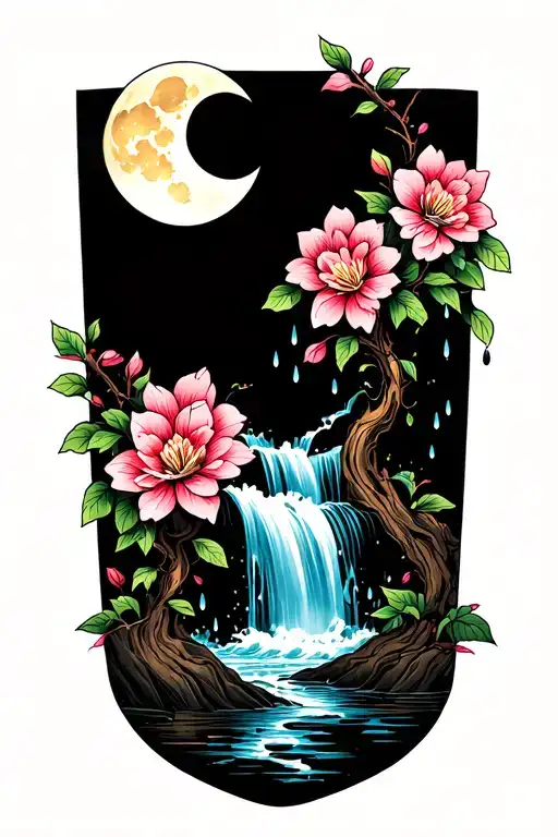 sun moon rain waterfall flower vine going thru tattoo design idea
