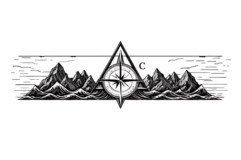 large compass surrounded by intricate geometric mountains and crashing waves, black and white, add triangle frame tattoo design idea
