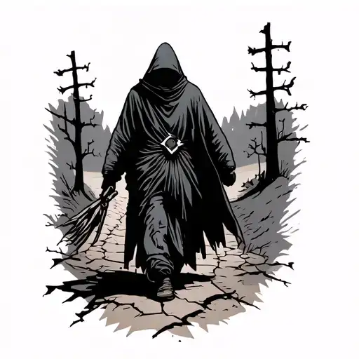 Neo-traditional black-and-grey tattoo flash: a lone hooded figure walking a cracked midnight road. His shadow morphs int tattoo design idea