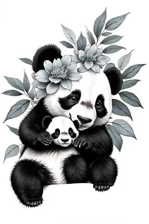 panda with baby panda leaves flowers  tattoo design idea