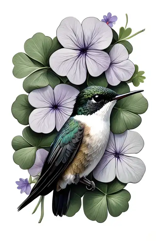 realistic detailed black and grey hummingbird with violets and four leaf clover tattoo design idea