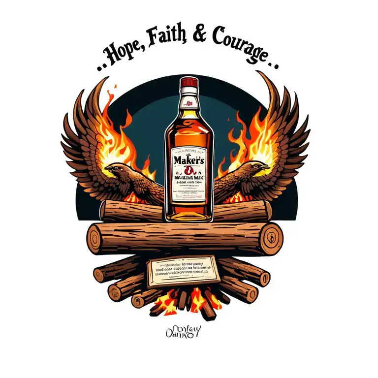"Hope, Faith & Courage" fire... coals 3 Amsterdam crosses, 3 logs; bottle of maker's mark whisky, slotmachine, ponypak..., phoenix rising  tattoo design idea
