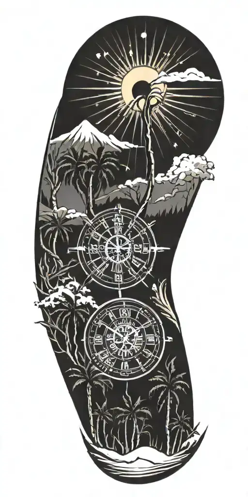 tribal inspired design featuring, snow covered palm trees and sun rising clock  tattoo design idea