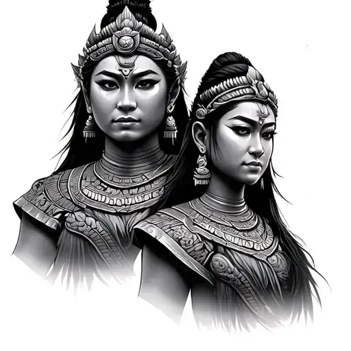 Laos warrior with female face tattoo design idea