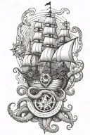 Ship ocean octopus trident aquarius zodiac sign tattoo design idea