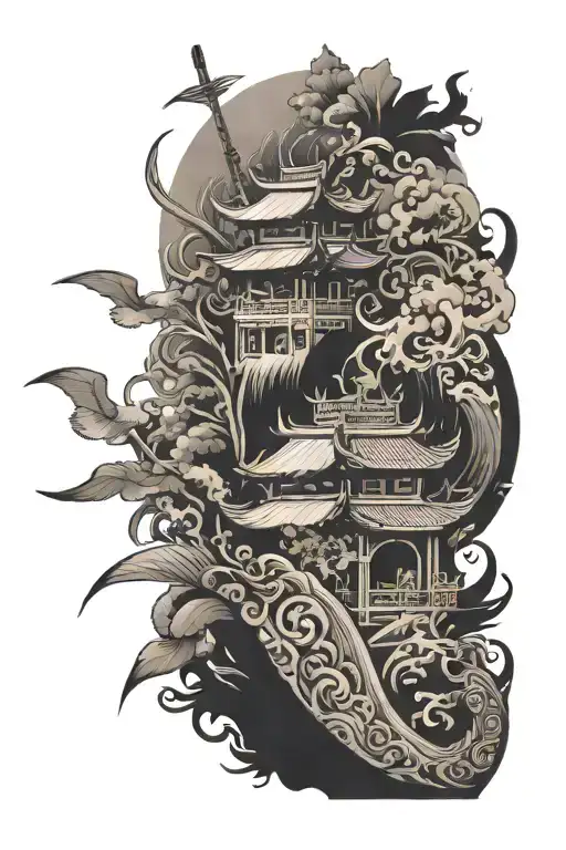 vietnamese theme arm sleeve tattoo design idea
