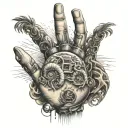 bio mechanical hand palm trees and waves tattoo design idea