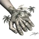 bio mechanical hand palm trees and waves tattoo design idea