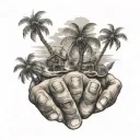 bio mechanical hand palm trees and waves tattoo design idea