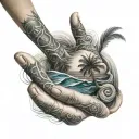 bio mechanical hand palm trees and waves tattoo design idea