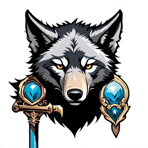A tattoo of a wolf in armor wielding a sword, blending the client's love for animals and fantasy themes tattoo design idea