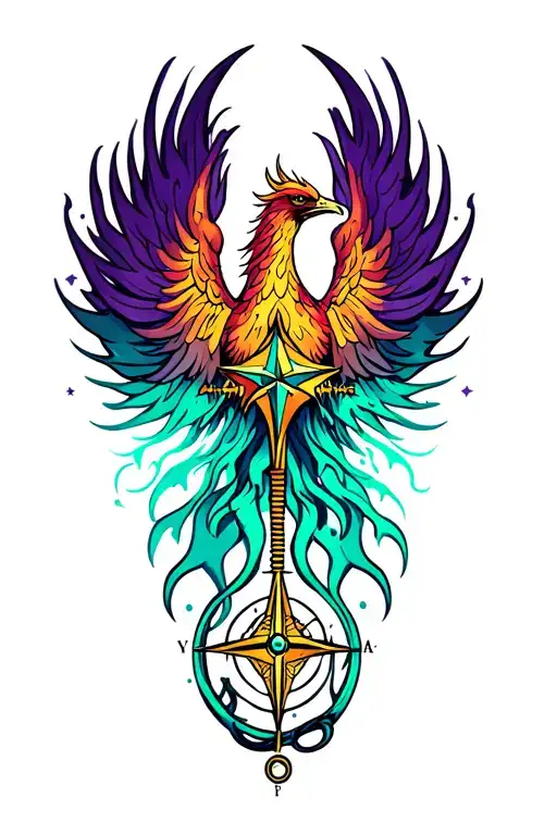 Phoenix, compass, teal and purple flames tattoo design idea