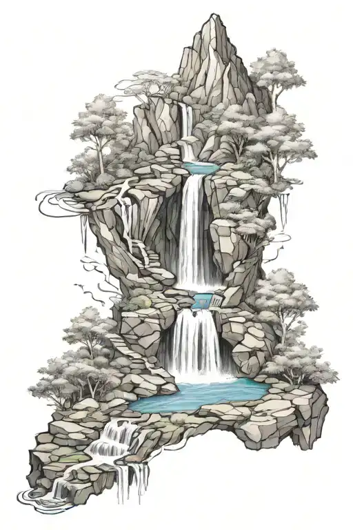 Mountain and waterfalls flowing tattoo design idea