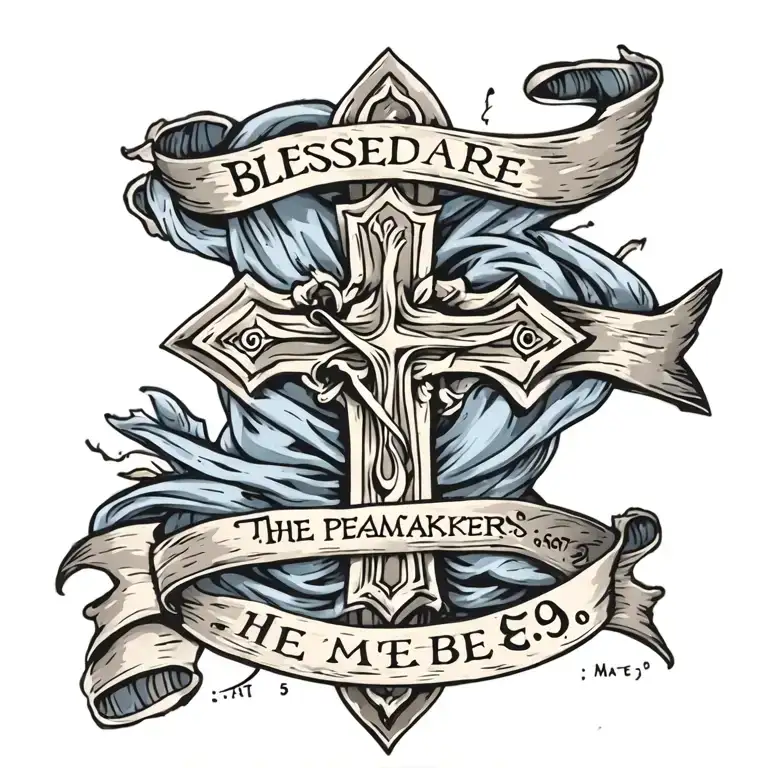 Cross with ""Blessed are the peacemakers" written on a draped blue sash.  Mat 5:9 written underneath tattoo design idea