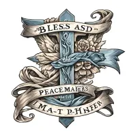 Cross with ""Blessed are the peacemakers" written on a draped blue sash.  Mat 5:9 written underneath tattoo design idea