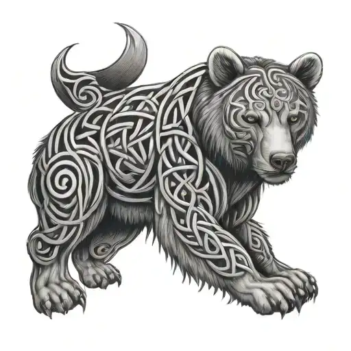 full leg sleeve tattoo of a Celtic knot series and a bear head tattoo design idea