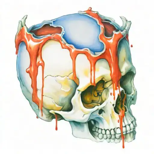 White Skull, Cracked, Bloody, missing Jawbone, missing teeth, melting, decrepit Dark red blood, Human Spine, Horror. tattoo design idea