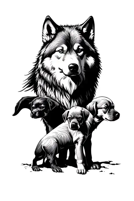 alpha wolf protecting puppies along with the symbol tattoo design idea
