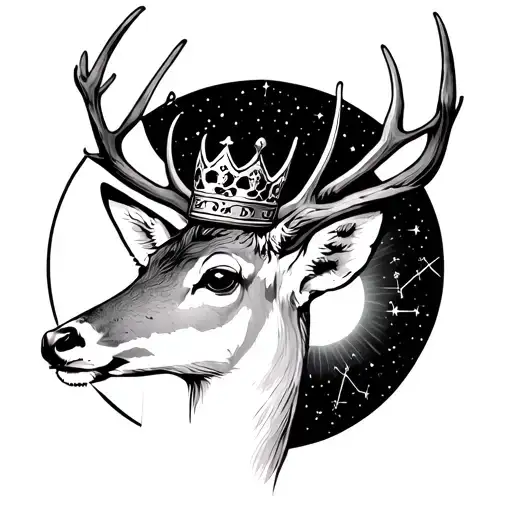 a deer with a crown on its head looking up and the star constellations of Lyra and Maia, the sun is rising to the right  tattoo design idea