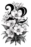 22 symbol from Bon Iver's album 22 with an orchid, daffodils, gladiolus, aster, cherry blossoms and poopy intertwined tattoo design idea