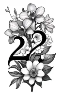 22 symbol from Bon Iver's album 22 with an orchid, daffodils, gladiolus, aster, cherry blossoms and poopy intertwined tattoo design idea