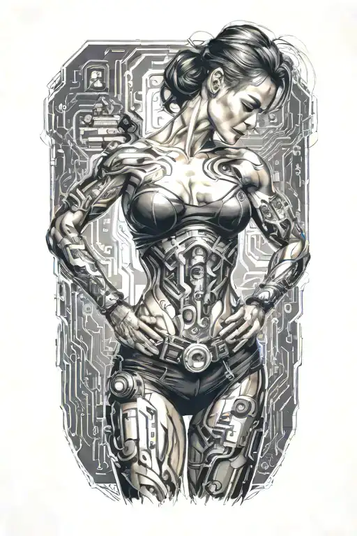 fitness bodybuilder women posing with one hand on waist, with technology circuits merging  tattoo design idea