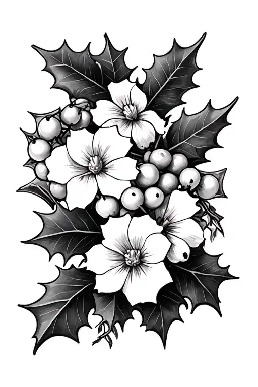 holly with berries and paper white flowers tattoo design idea